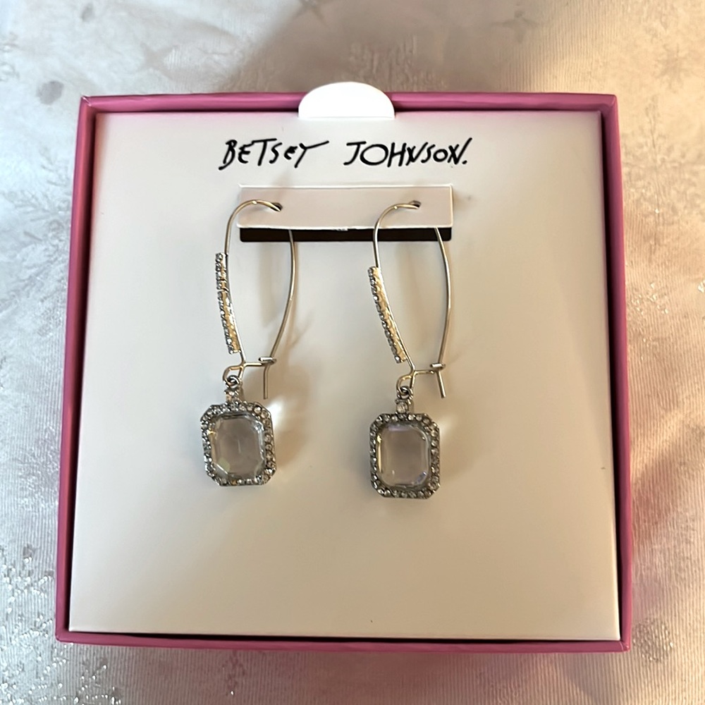 Betsey Johnson "Cz Ears" Crystal Cubic Zirconia Square Long Drop Earrings NWT